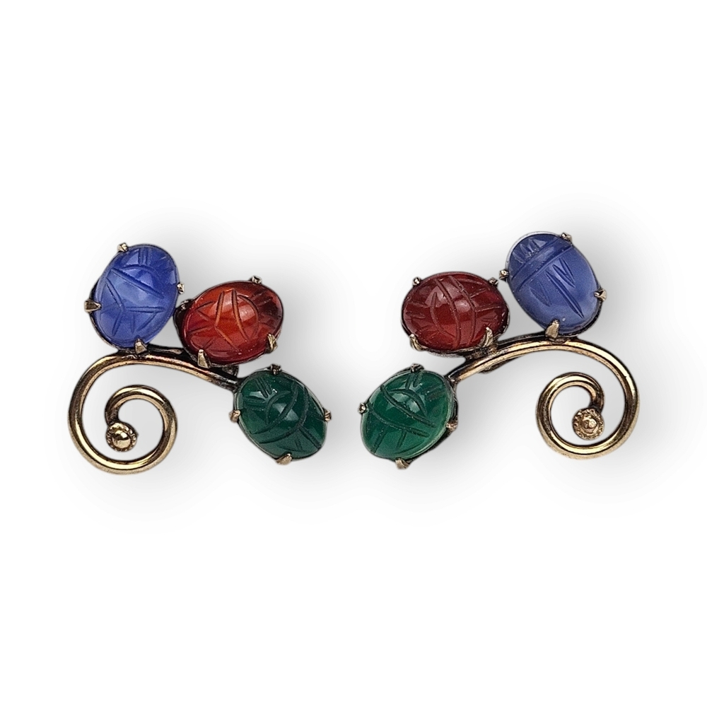 Vintage Earrings with Blue, Red, and Green Scarab Cabochons by Vintage